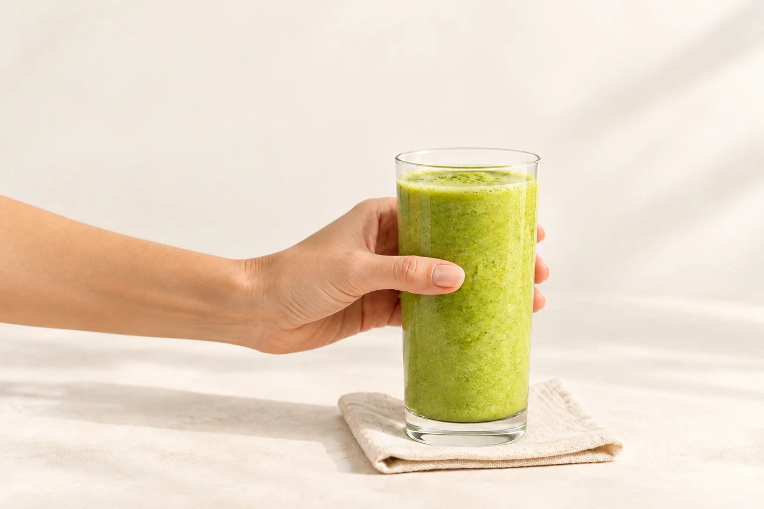 Ranka laiko paruoštą gelsvai žalią smoothie