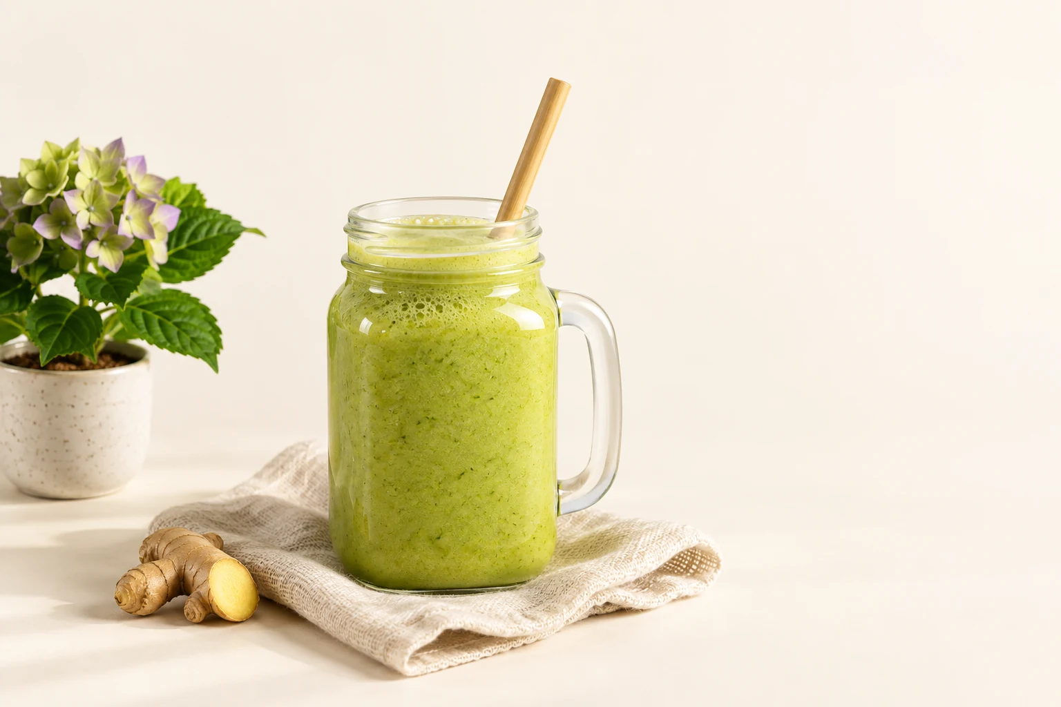 Tirštas gelsvai žalias smoothie stiklainyje su bambukiniu šiaudeliu