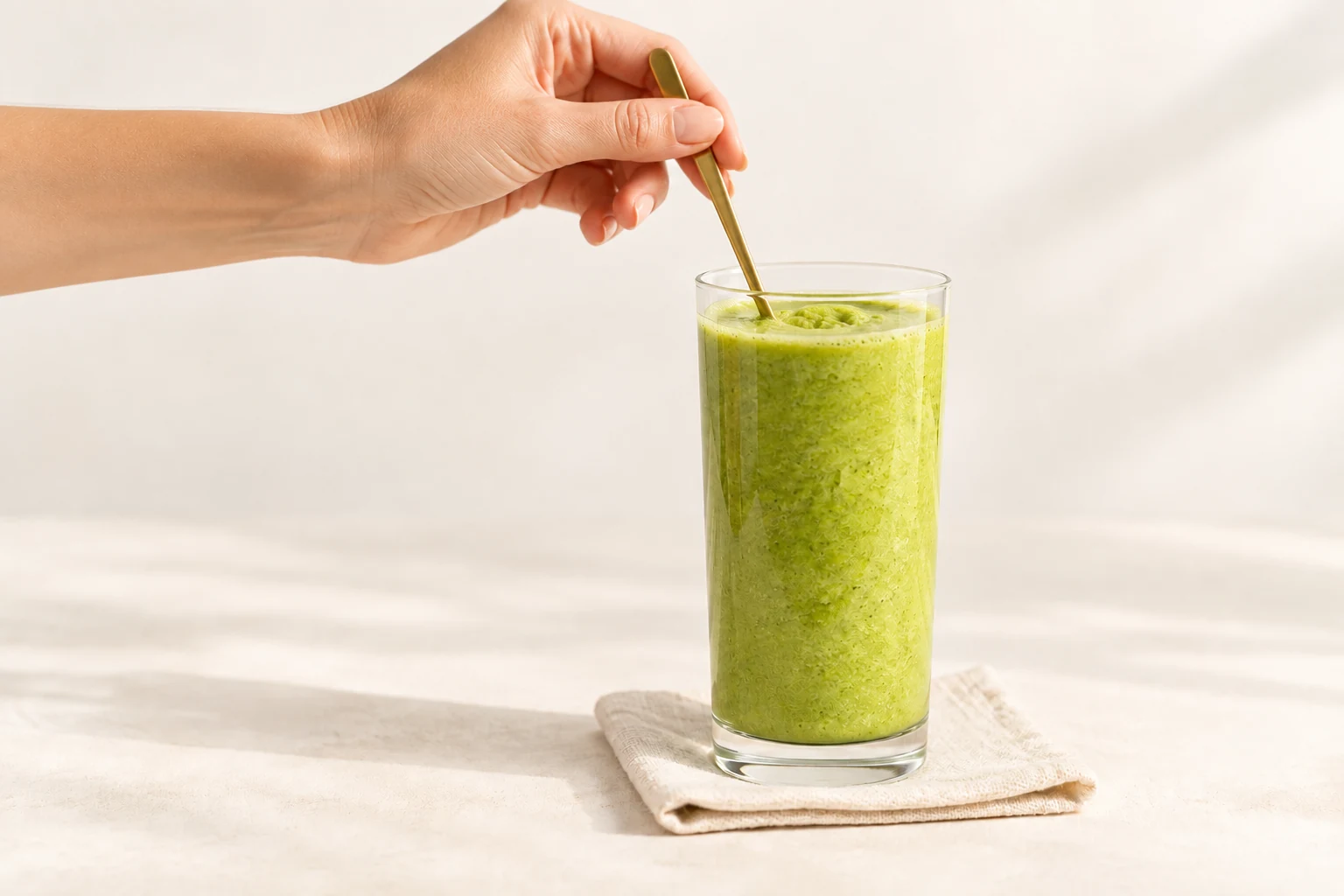 Tirštas gelsvai žalias smoothie maišomas šaukšteliu