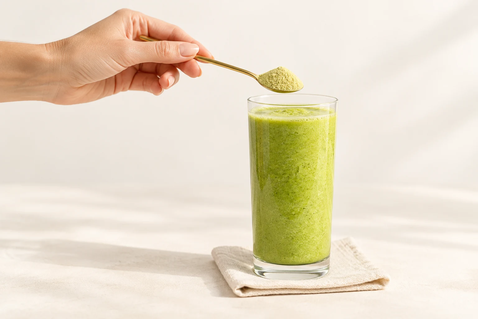 Šaukštelis šviesių gelsvai žalių miltelių virš žalio smoothie